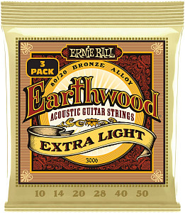ERNIE BALL 3006 Earthwood 80/20 Bronze Extra Light 3 Pack 10-50 - Струны для акустической гитары