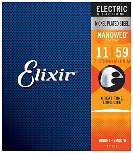 ELIXIR 12106 NANOWEB Комплект струн для 7-струнной электрогитары, никелированная сталь,Medium 11-59